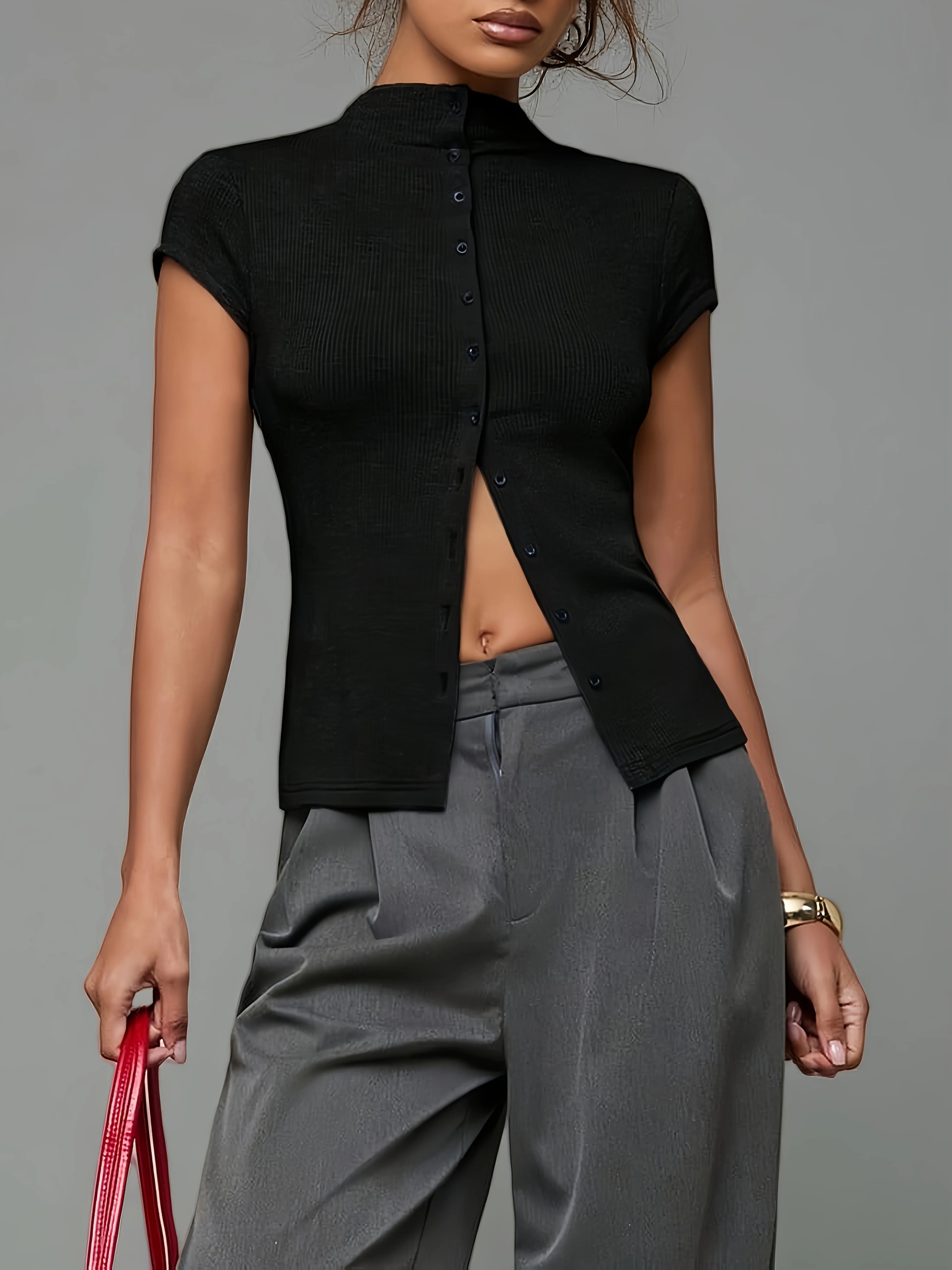 Ribbed Mock-Neck Cardigan